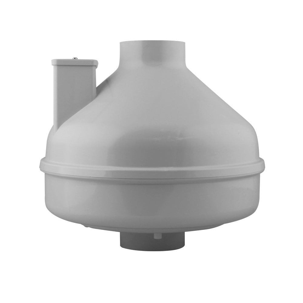 RadonAway GX3 radon fan side view, 11.9 inch diameter housing