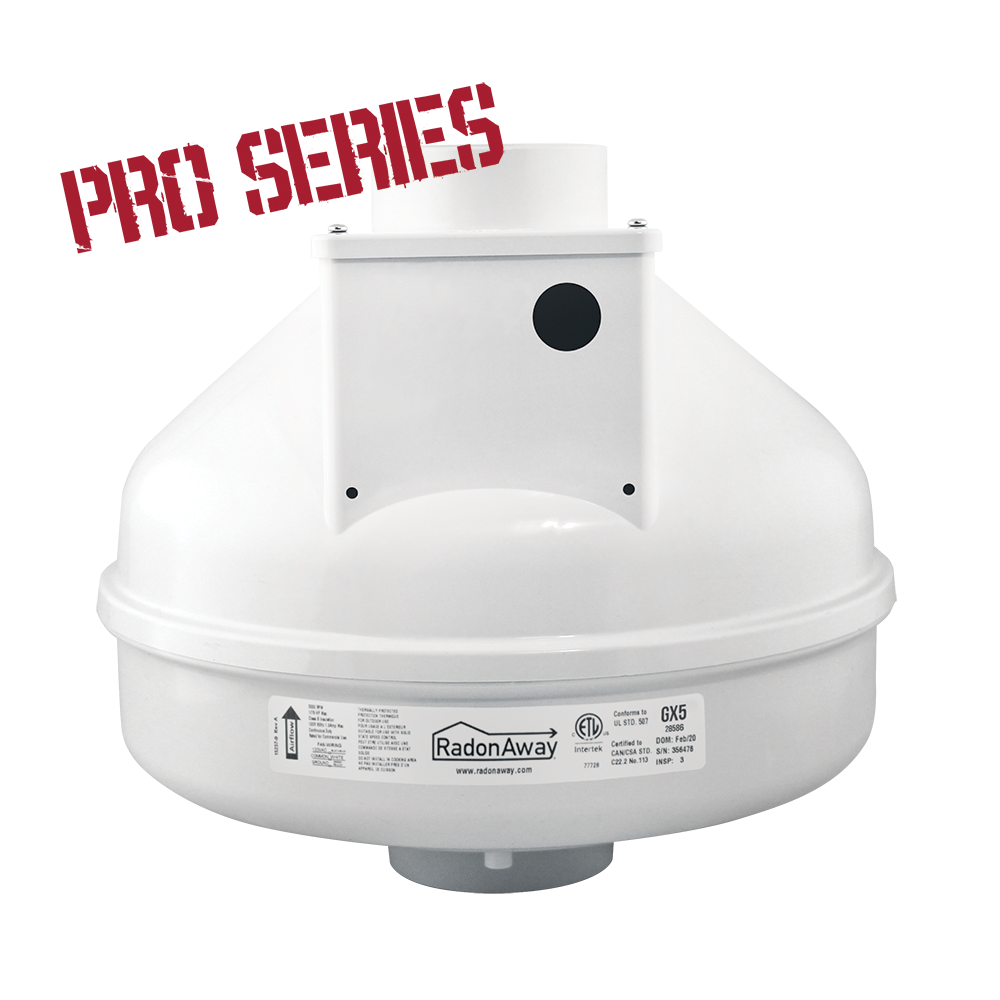 RadonAway GX5 Pro Series radon fan 28586 front view — highest-suction 3-inch radon mitigation fan for tight soils in Canada