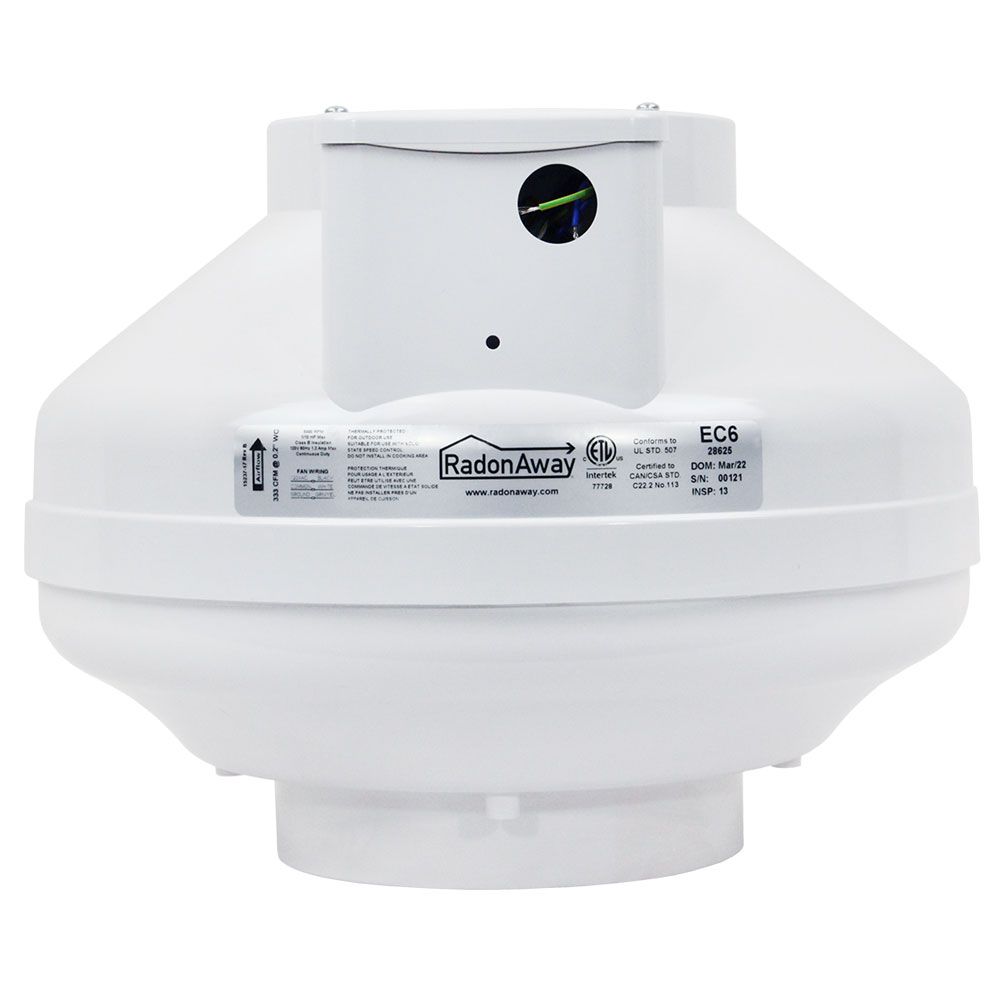 RadonAway EC6 variable speed radon fan front view — Energy Star certified fan for Canadian sub-slab depressurization systems
