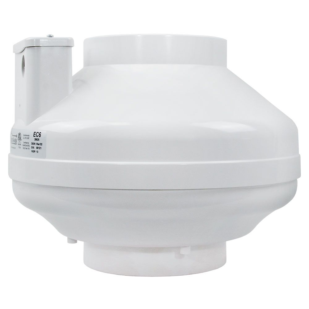 RadonAway EC6 radon fan side profile — compact variable speed design for tight utility spaces in Canadian homes