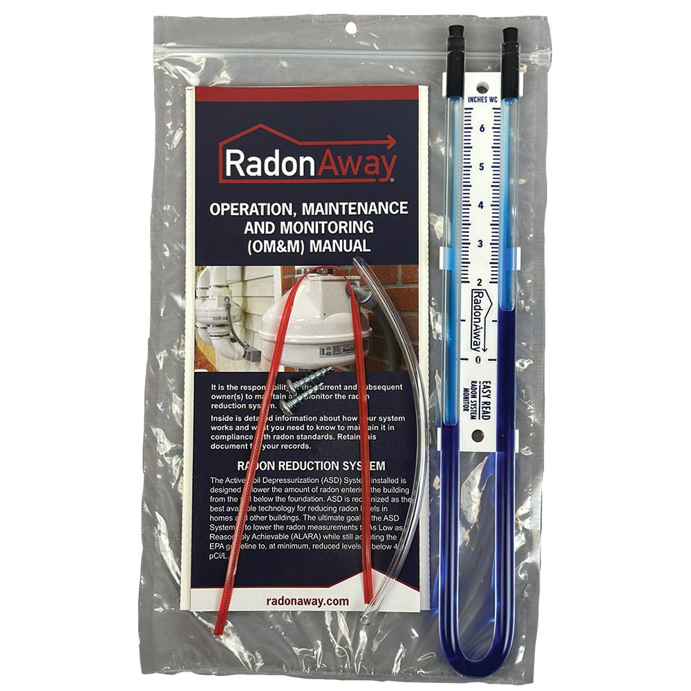 RadonAway U-Tube manometer 50036 with mounting hardware — radon mitigation pressure monitor ready for Canadian install