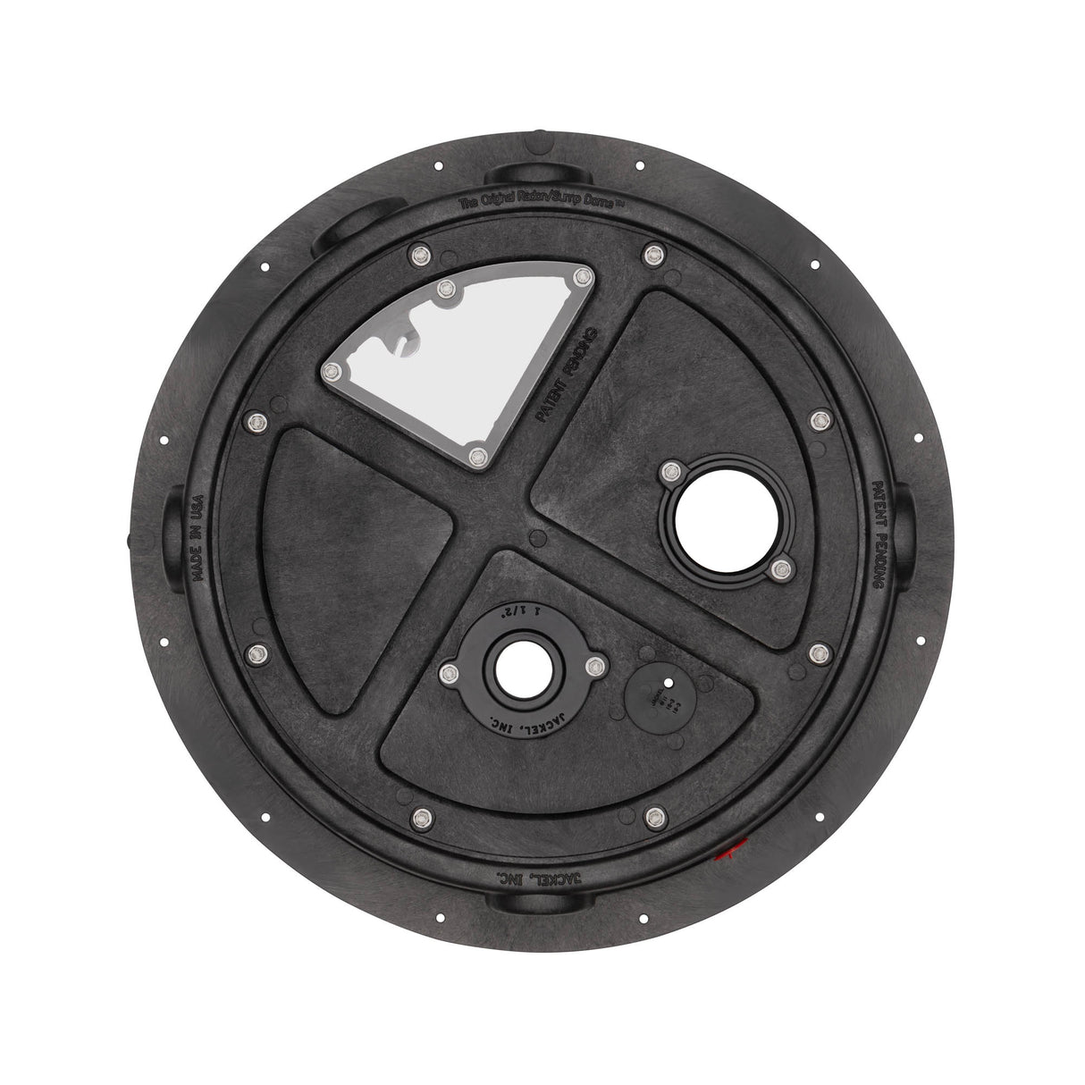 Jackel SMR16101 sump cover with radon seal port — installed radon barrier for sump pit mitigation in Canada