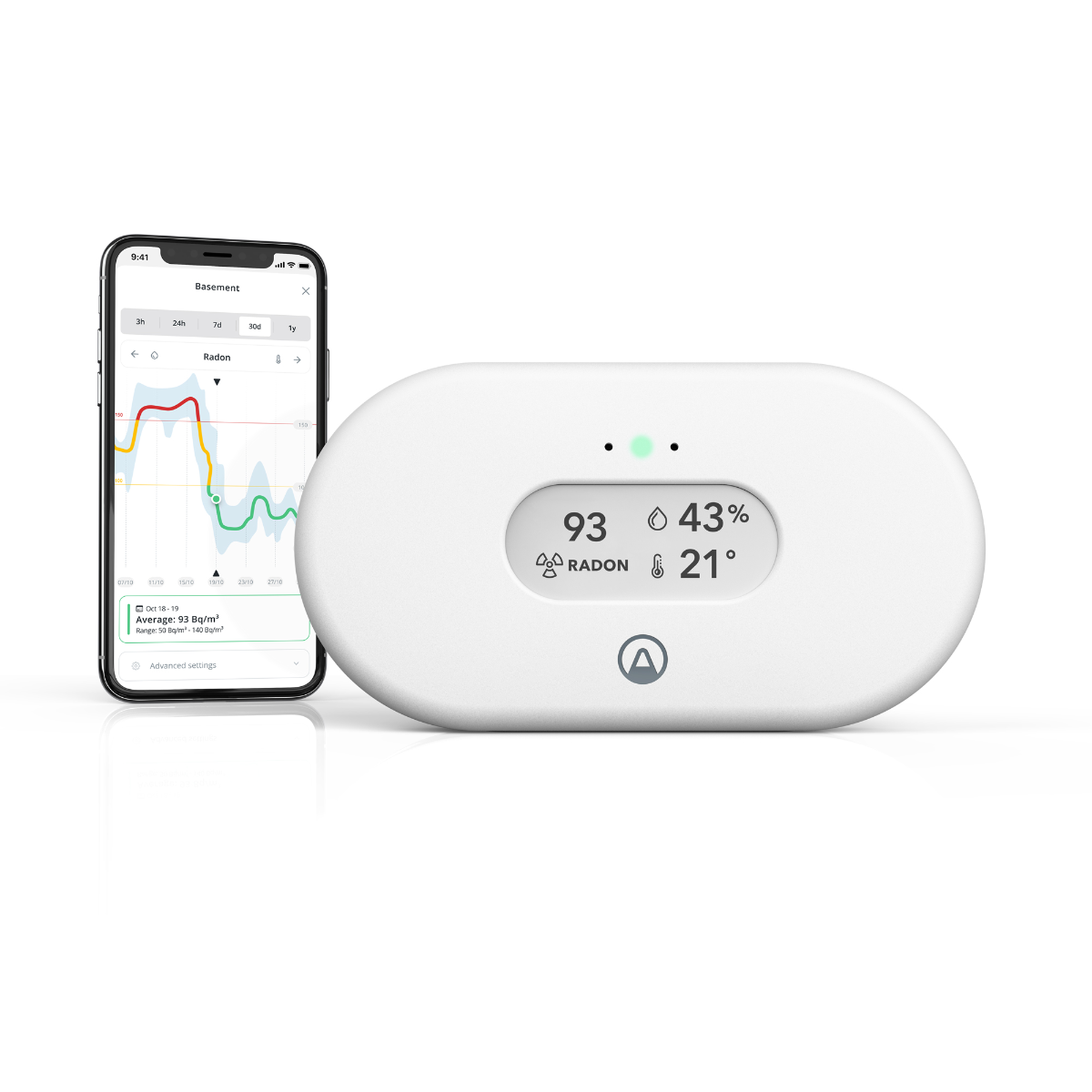 Airthings View Radon monitor with smartphone app showing live radon levels — WiFi radon detector for continuous Canadian home air quality monitoring