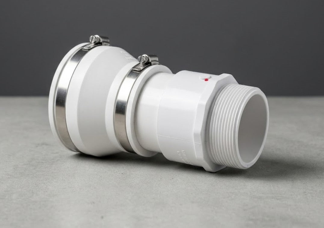 Jackel sump adapter kit assembled — 3-inch to 4-inch flexible reducing coupling with stainless steel clamps