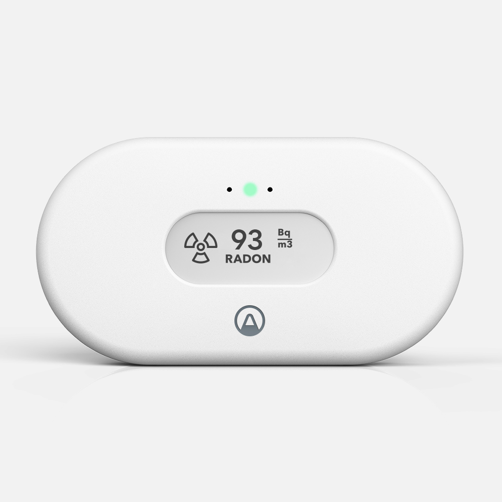 Airthings View Radon monitor front view — smart continuous radon monitor with Health Canada 200 Bq/m³ threshold alerts