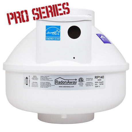 RadonAway RP140 Pro Series Energy Star radon fan 28460 front view — certified low-power radon mitigation fan for Canadian homes