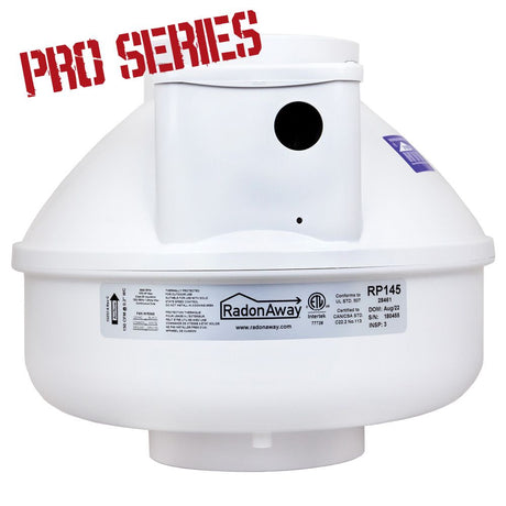 RadonAway RP145 Pro Series radon fan 28461 front view — mid-range radon mitigation fan for Canadian residential installations