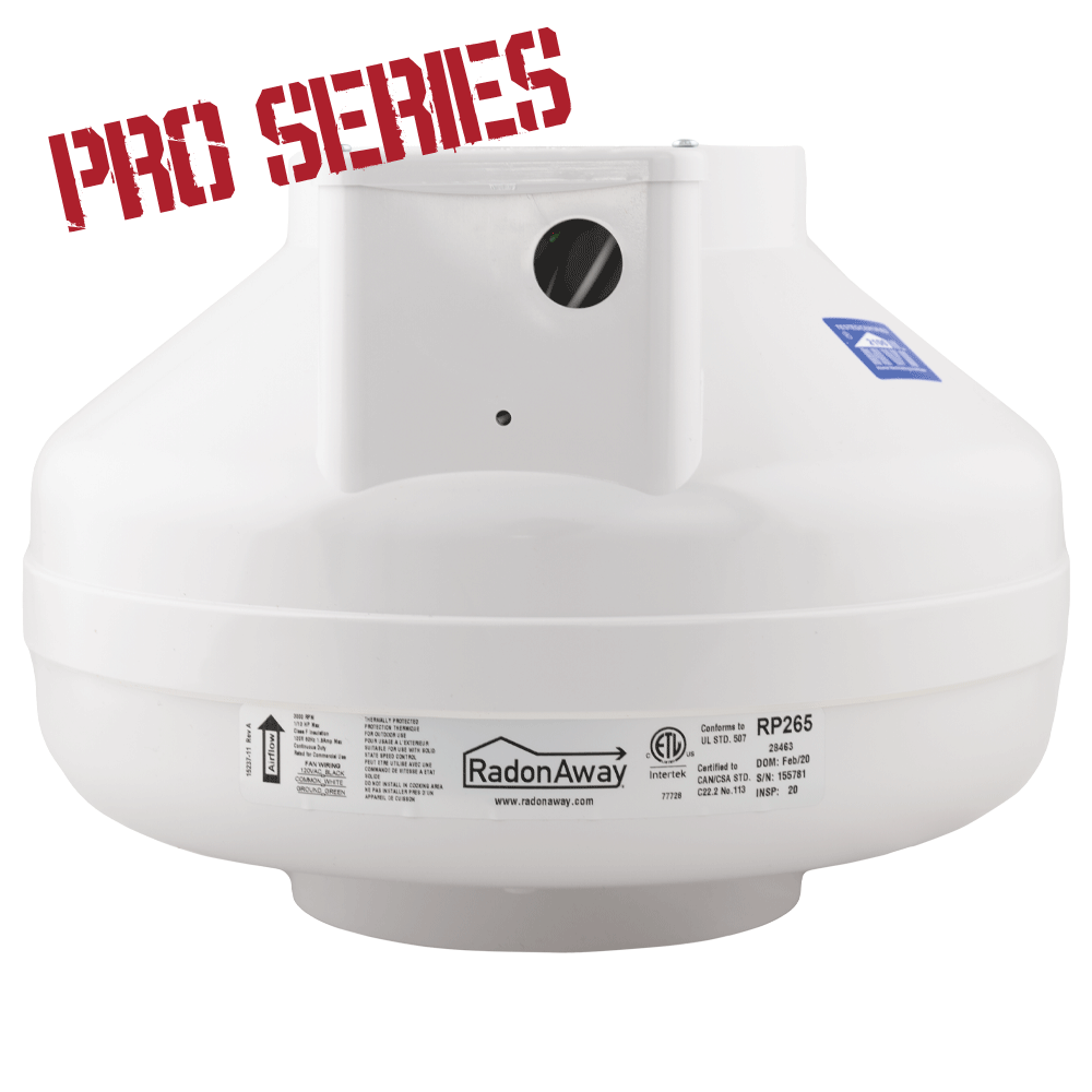 RadonAway RP265 Pro Series radon fan 28463 front view — high-flow radon mitigation fan for large Canadian homes and complex soil conditions