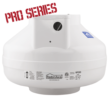 RadonAway RP265 Pro Series radon fan 28463 front view — high-flow radon mitigation fan for large Canadian homes and complex soil conditions