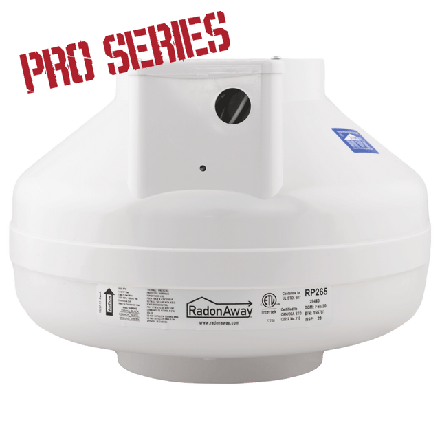 RadonAway RP265 Pro Series radon fan 28463 front view — high-flow radon mitigation fan for large Canadian homes and complex soil conditions