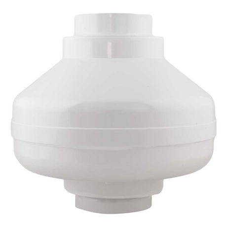 RadonAway GX5A Pro Series radon fan back view — wiring access panel and motor housing