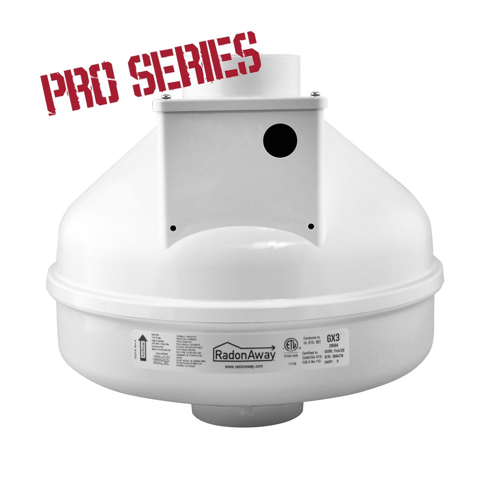 RadonAway GX3 Pro Series radon fan 28584, front view with nameplate