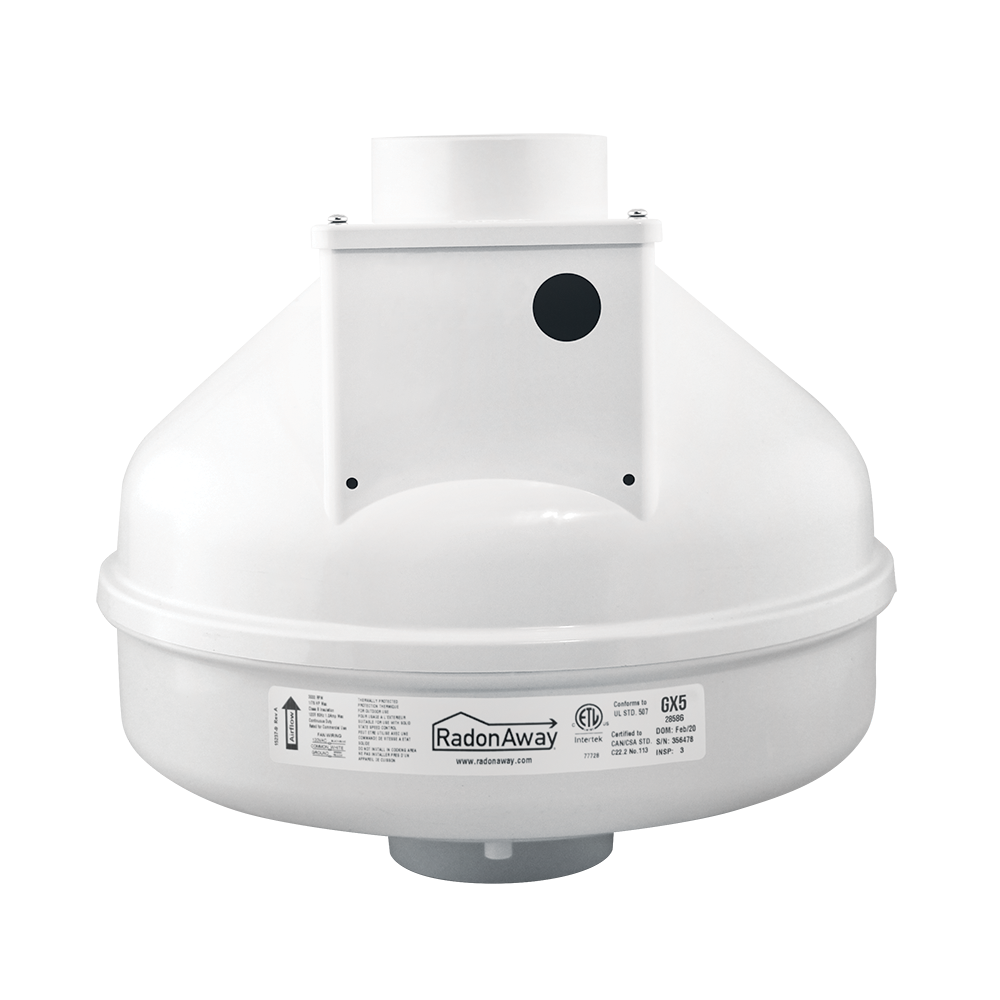 RadonAway GX5 radon fan front — compact 3-inch duct high-vacuum fan for sub-slab depressurization