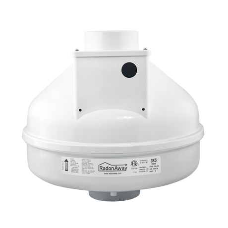RadonAway GX5 radon fan front — compact 3-inch duct high-vacuum fan for sub-slab depressurization