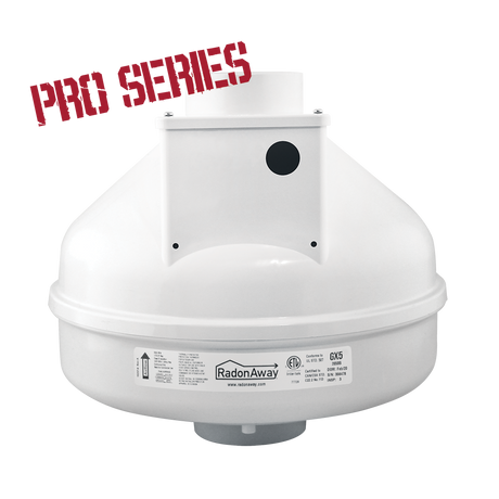 RadonAway GX5 Pro Series radon fan 28586 front view — highest-suction 3-inch radon mitigation fan for tight soils in Canada