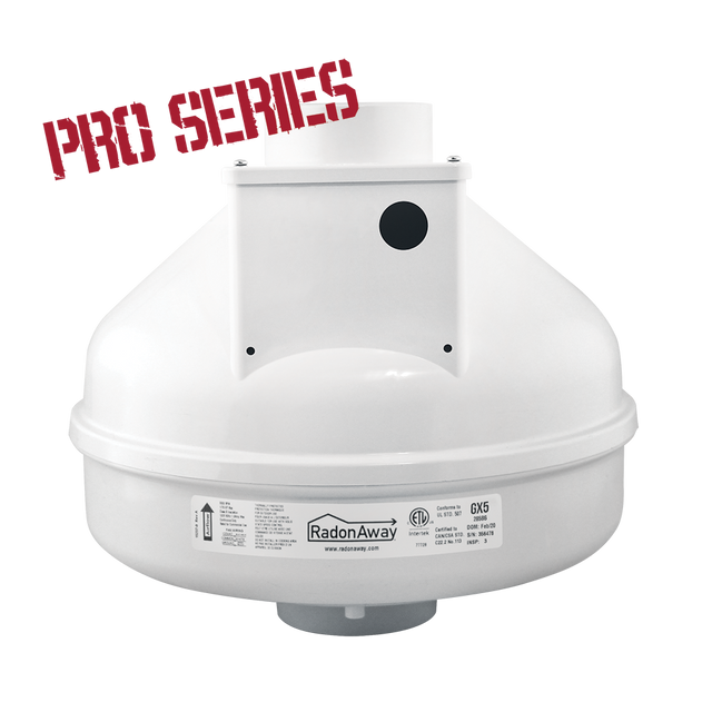 RadonAway GX5 Pro Series radon fan 28586 front view — highest-suction 3-inch radon mitigation fan for tight soils in Canada
