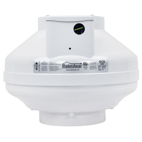 RadonAway EC6 variable speed radon fan front view — Energy Star certified fan for Canadian sub-slab depressurization systems