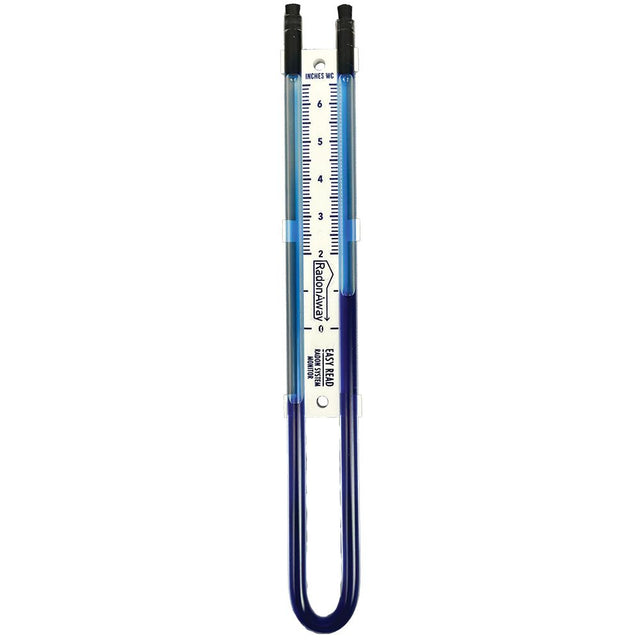 RadonAway Easy Read U-Tube manometer 50036 front — blue liquid pressure gauge 0 to 6.5 inches WC for radon system monitoring in Canada