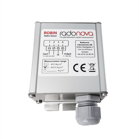 Radonova ROBIN radon sensor, rugged version, with the grey M20 cable gland for a sheathed cable