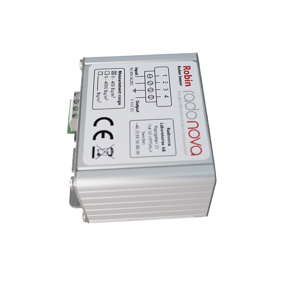 Radonova ROBIN radon sensor, standard version, angled view showing the aluminium housing and terminal block