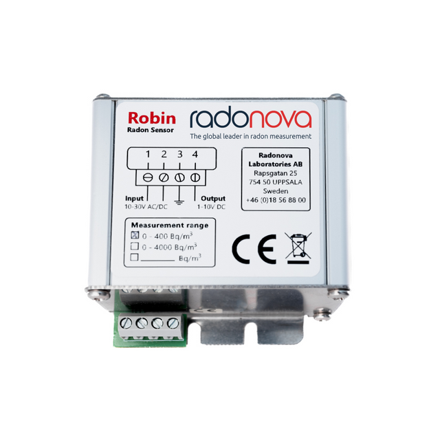 Radonova ROBIN radon sensor, standard version, front label with the wiring diagram and measurement range, green four pole terminal block at the base