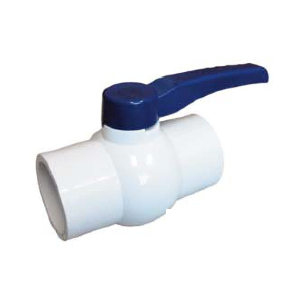 Harvard white PVC ball valve with blue lever handle and slip socket ends