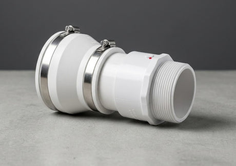 Jackel sump adapter kit assembled — 3-inch to 4-inch flexible reducing coupling with stainless steel clamps