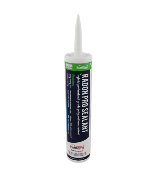 RadonAway Radon Pro Sealant applied around radon vent pipe slab penetration — airtight flexible seal for Canadian radon mitigation systems