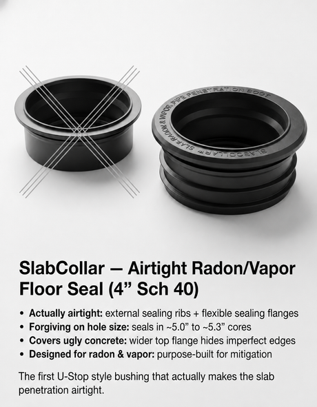 SlabCollar EPDM radon pipe seal — airtight floor seal for 4-inch Sch 40 pipe in 5-inch cored holes