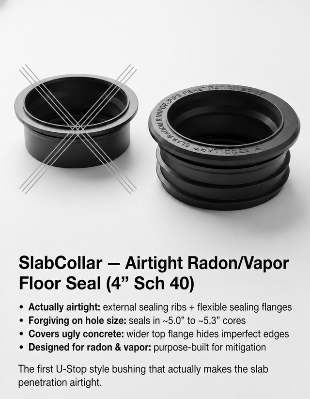 SlabCollar EPDM radon pipe seal — airtight floor seal for 4-inch Sch 40 pipe in 5-inch cored holes