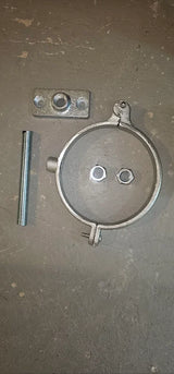 Split ring pipe hanger kit components — hanger ring, threaded rod, wall plate, and nuts laid out