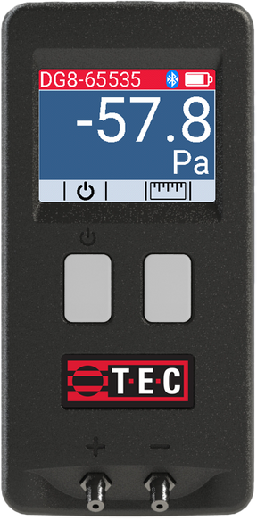 TEC DG-8 digital pressure gauge — single-channel micro-manometer for radon diagnostics, displaying -57.8 Pa
