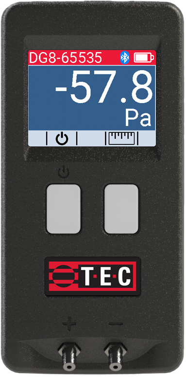 TEC DG-8 digital pressure gauge — single-channel micro-manometer for radon diagnostics, displaying -57.8 Pa