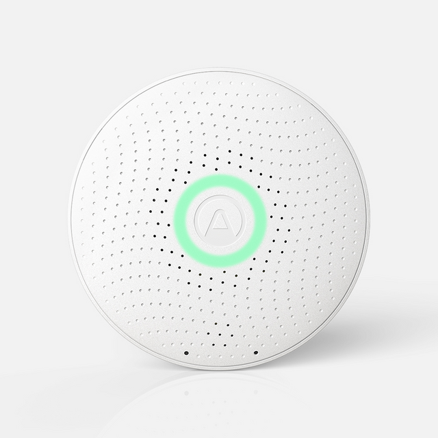 Airthings Wave Radon monitor front view with LED indicator — smart Bluetooth radon detector for Canadian home radon monitoring